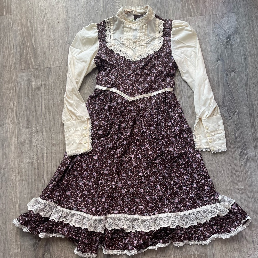 Vtg 70s 80s gunne sax calico floral bow print Edwardian style prairie dress kids